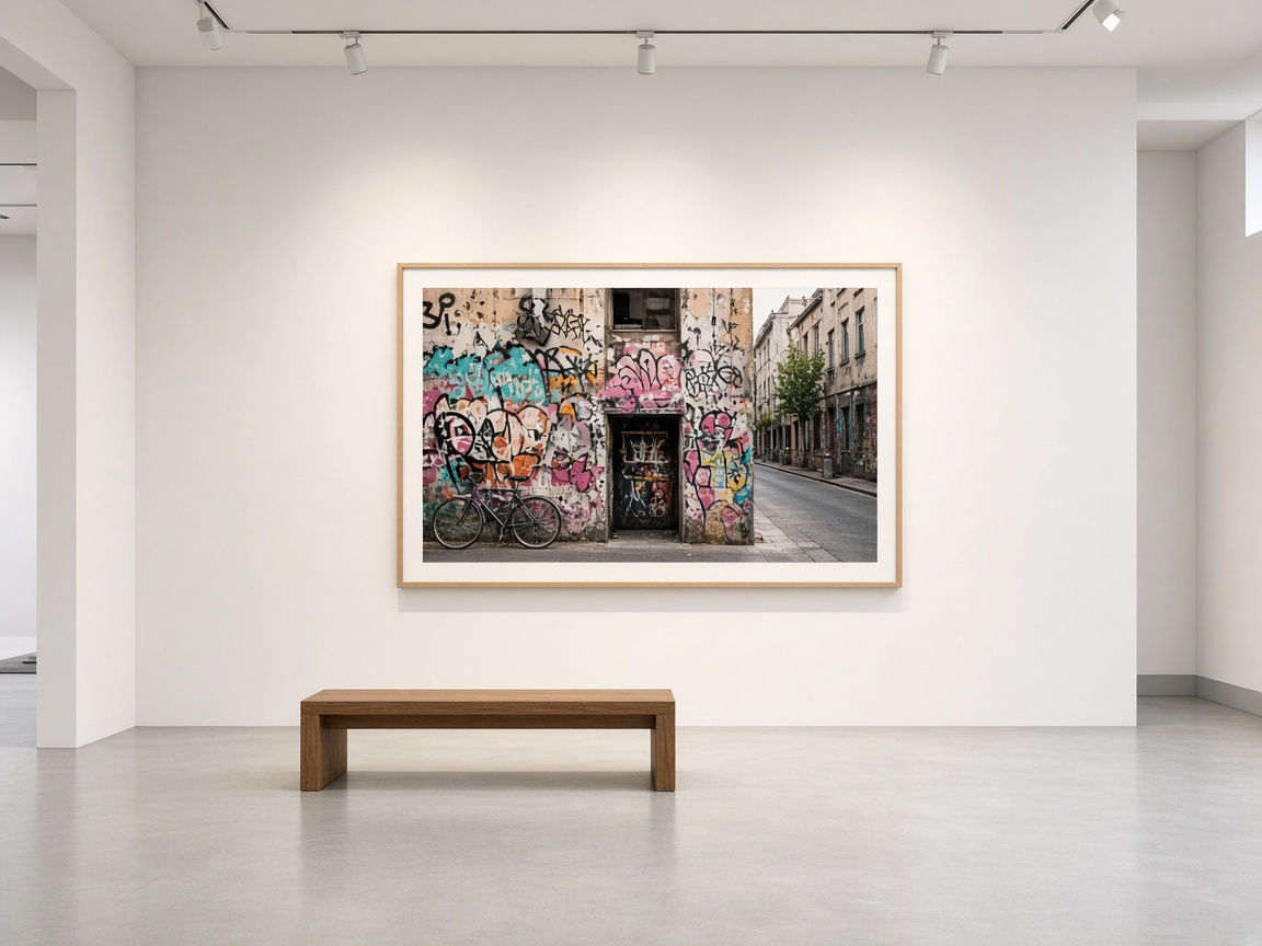 A white gallery with one framed photograph of street art
