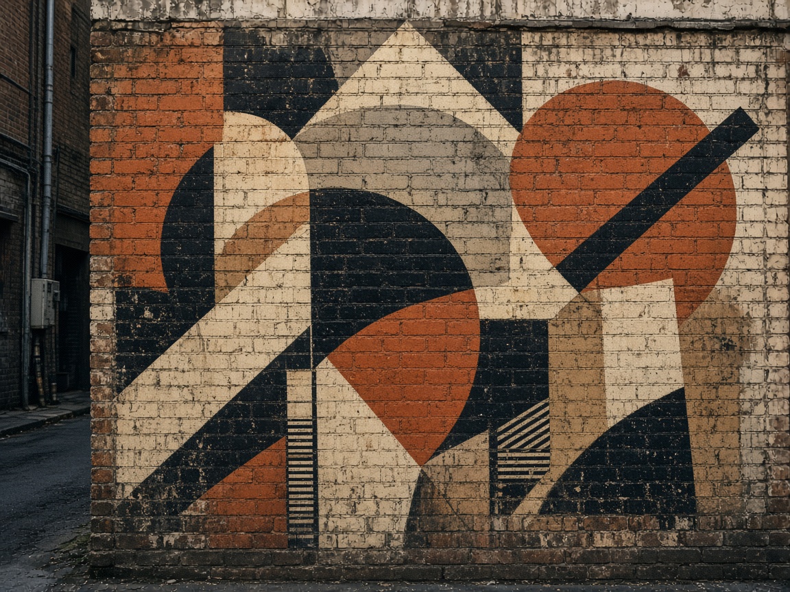 Abstract mural on a brick wall in an alley