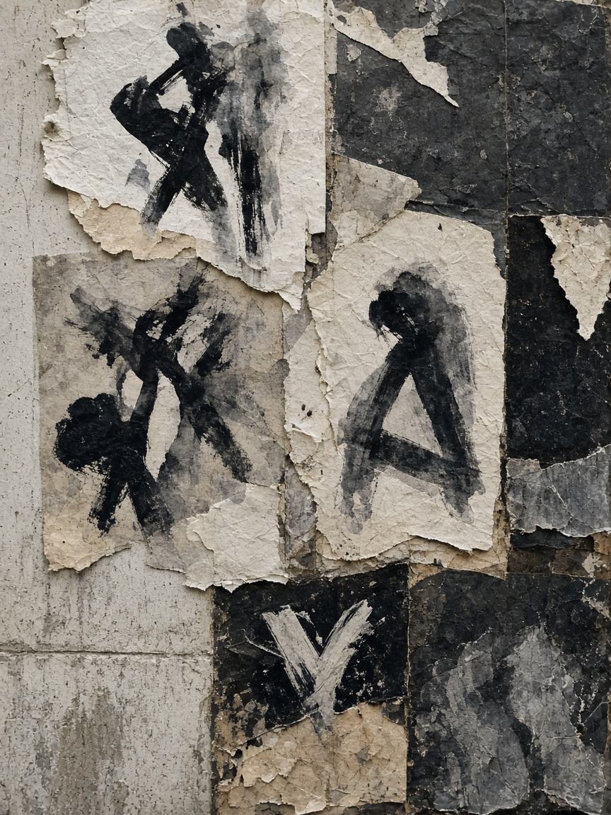Layered paper paste-ups on a concrete wall